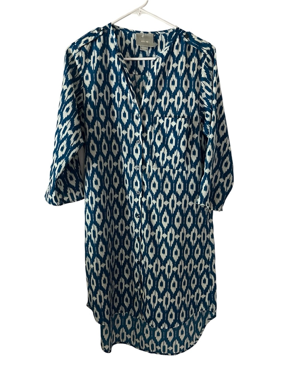 Maeve SzS Royal/Teal Blue, White Geometric Print Shirt Dress, Button Front
